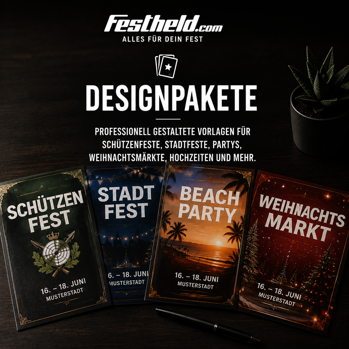 FESTHELD Designpakete – Professionelle Vorlagen für Schützenfeste, Stadtfeste, Beach Party und Weihnachtsmarkt