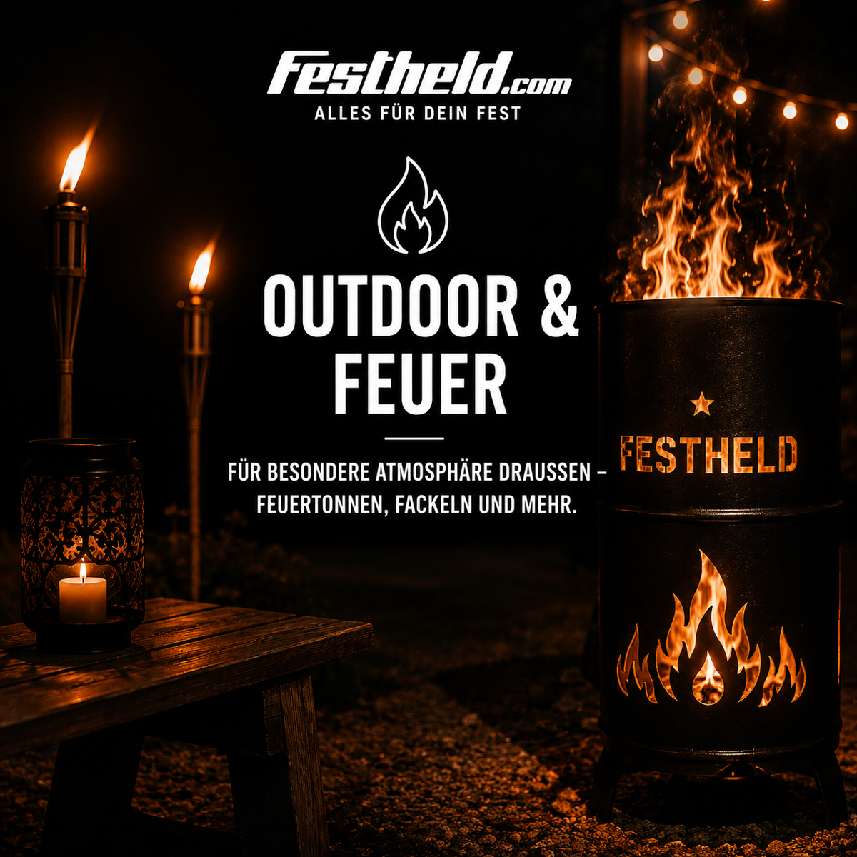 FESTHELD Outdoor & Feuer – Feuertonnen, Fackeln und Outdoor-Atmosphäre für besondere Events