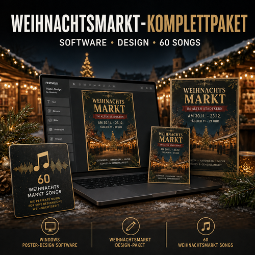 FESTHELD Weihnachtsmarkt-Komplettpaket mit Plakatsoftware, Designpaket und 60 Weihnachtsmarkt-Songs
