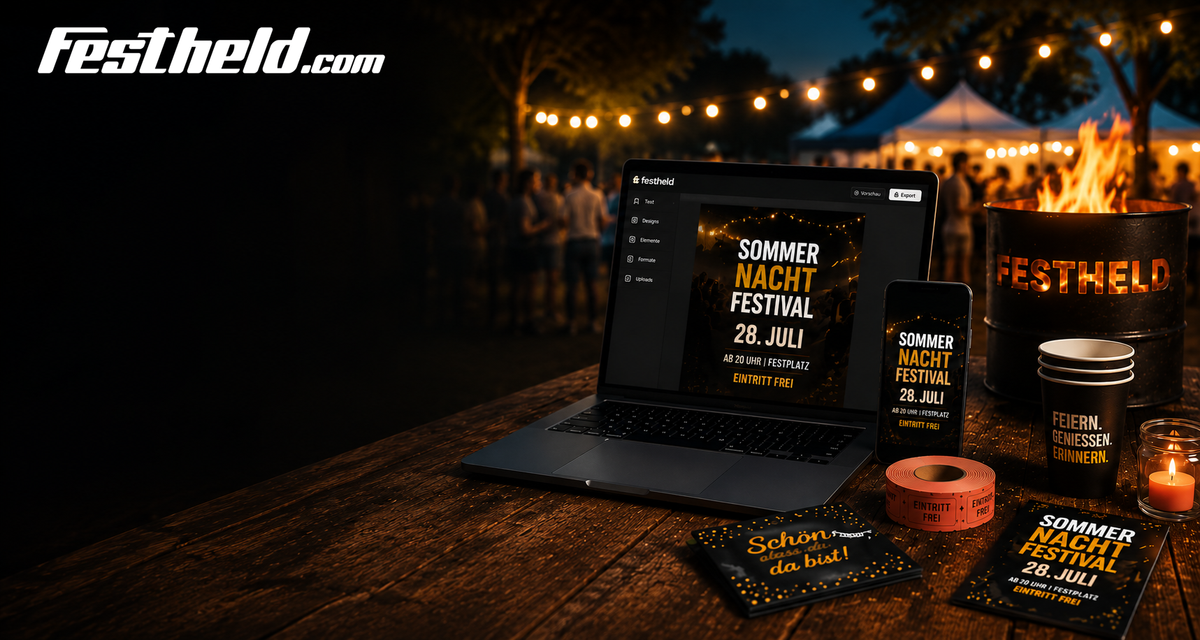 FESTHELD Plakatsoftware auf einem Laptop, dazu Plakate, Flyer, Eintrittskarten und eine Feuertonne bei einem abendlichen Sommerfest